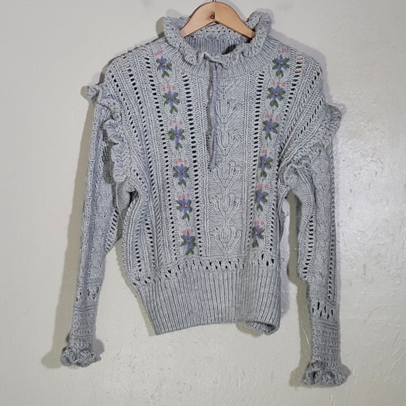 Zara Gray Knit Sweater with Floral Accents - Picture 2 of 6